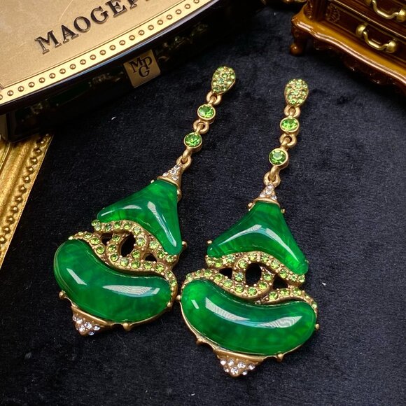 Oversized Green Cabochon Earrings - Long Drop - Picture 2 of 5